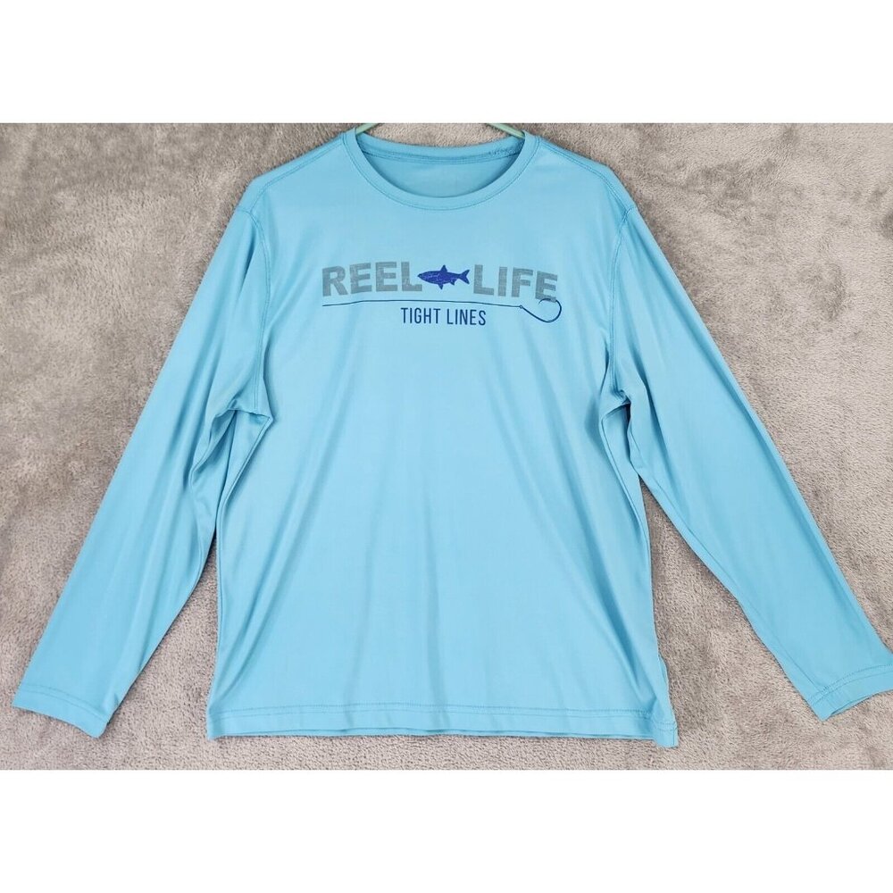 Reel Life Tight Line Shirt Mens Medium Blue Outdoor Fishing Long Sleeve Pullover